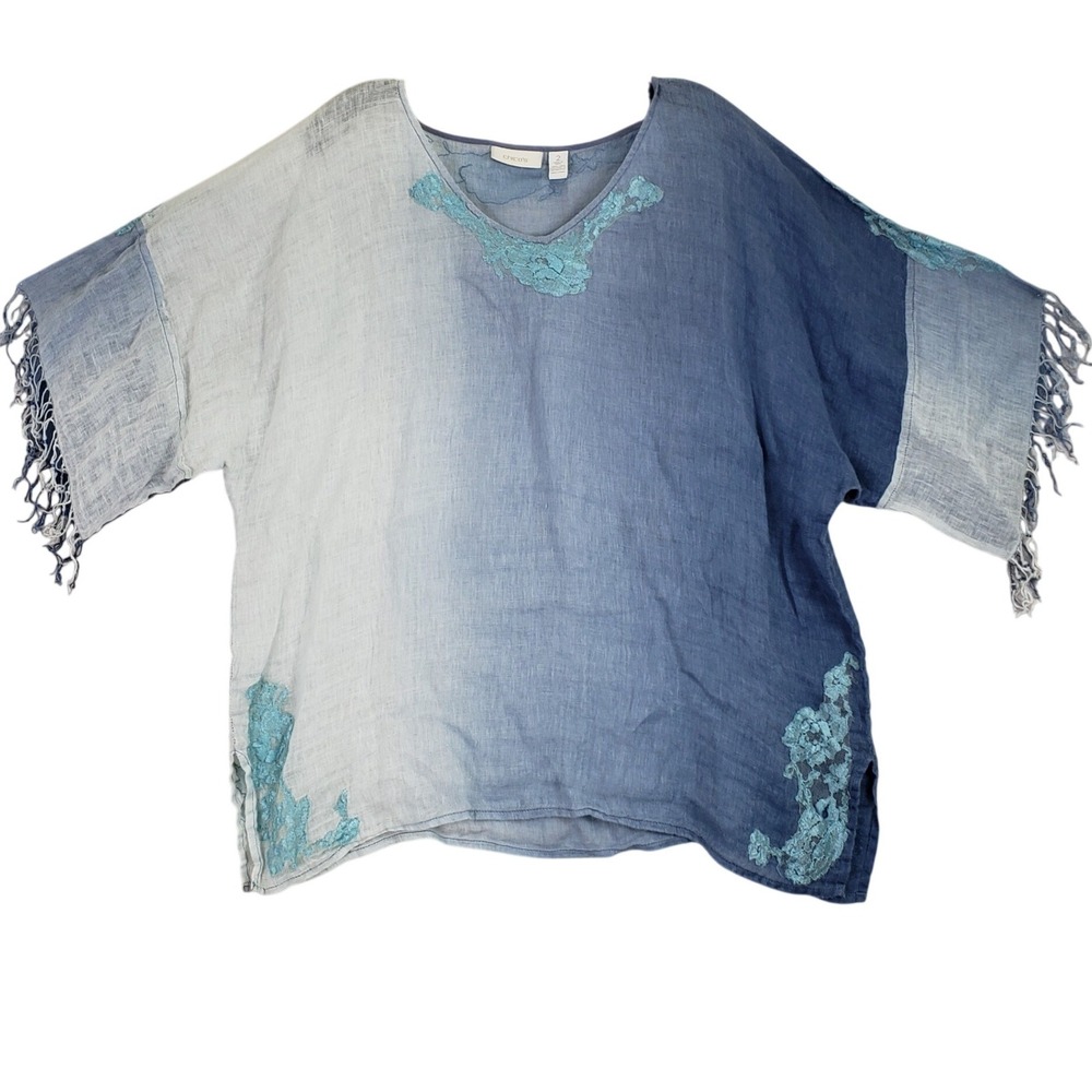 Chico's Linen Blouse Women 2 Blue Ombre Boho Fringe‎ Trim Top Lagenlook